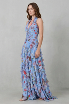 Belén | Vestido largo romántico con escote halter y cascada de rosas