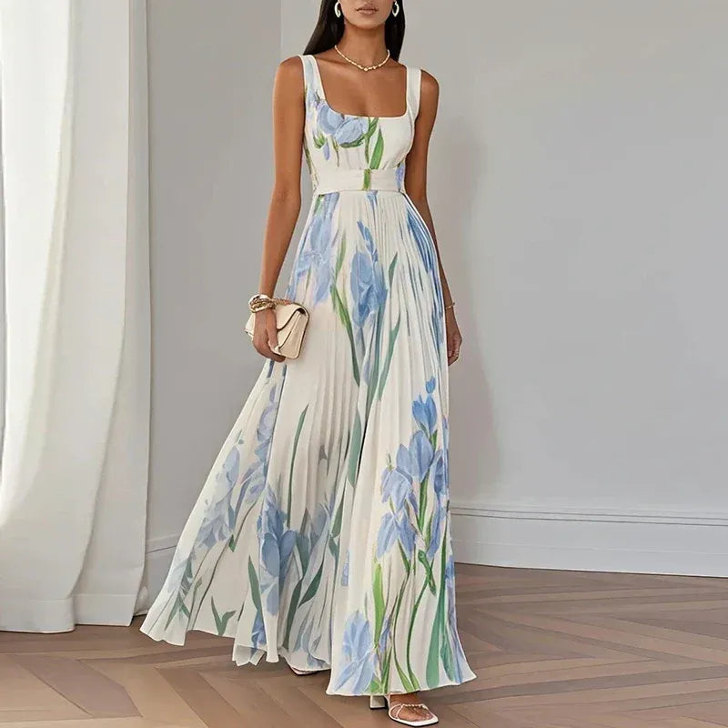 Blanca | Vestido largo de corte A con estampado floral