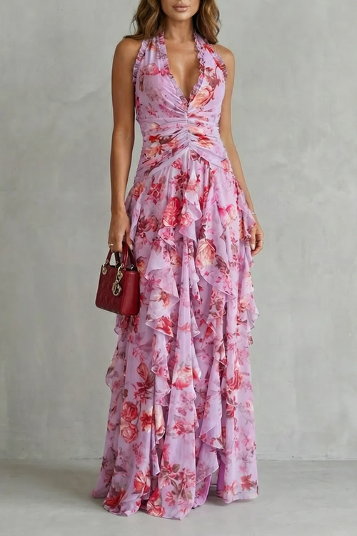 Belén | Vestido largo romántico con escote halter y cascada de rosas