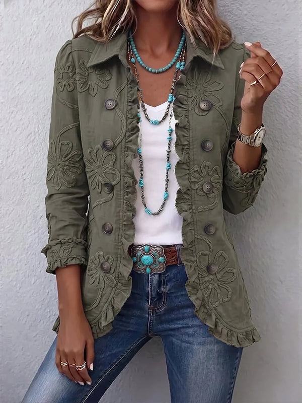 Karina | Chaqueta utilitaria de estilo bohemio-chic con bordado floral y volantes