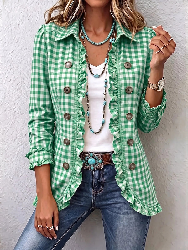 Carla | Chaqueta abotonada con volantes y estampado de cuadros vichy