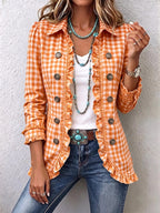 Carla | Chaqueta abotonada con volantes y estampado de cuadros vichy