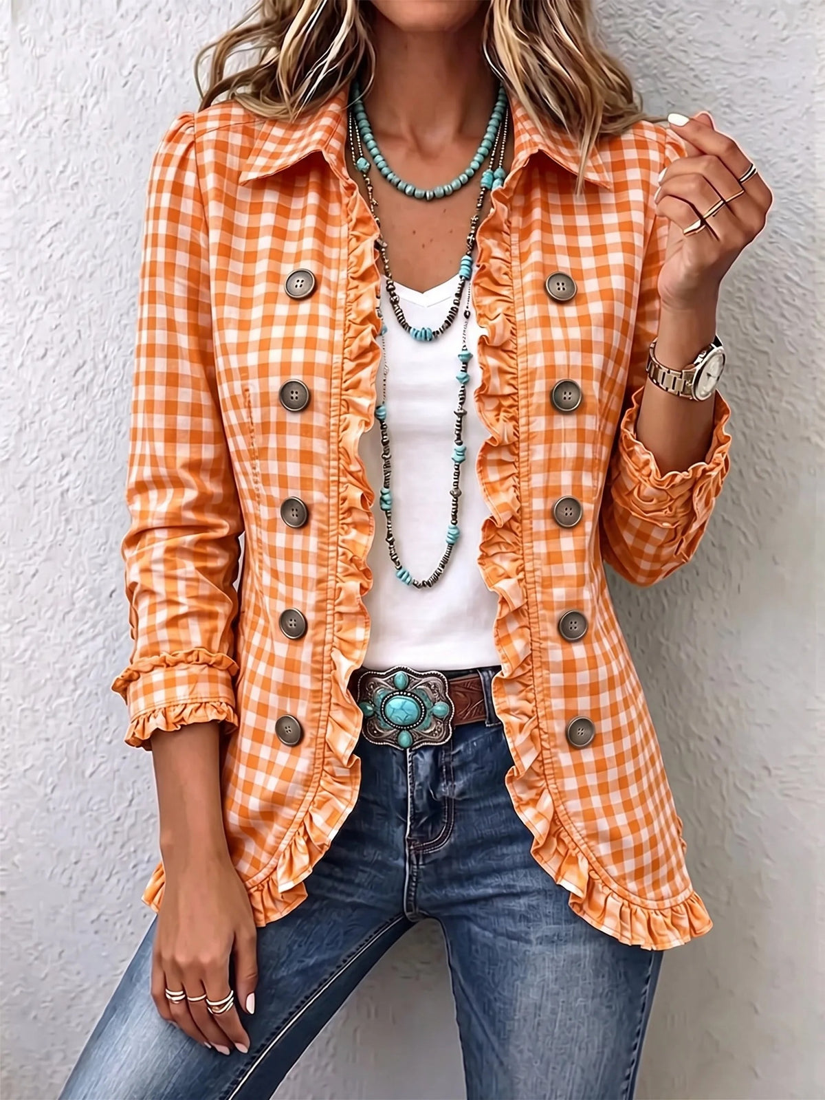 Carla | Chaqueta abotonada con volantes y estampado de cuadros vichy
