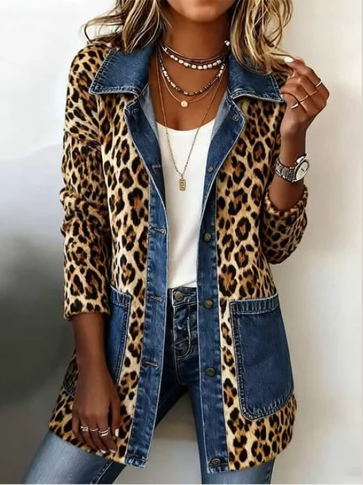Fabiana | Chaqueta larga vaquera con paneles de contraste y estampado de leopardo