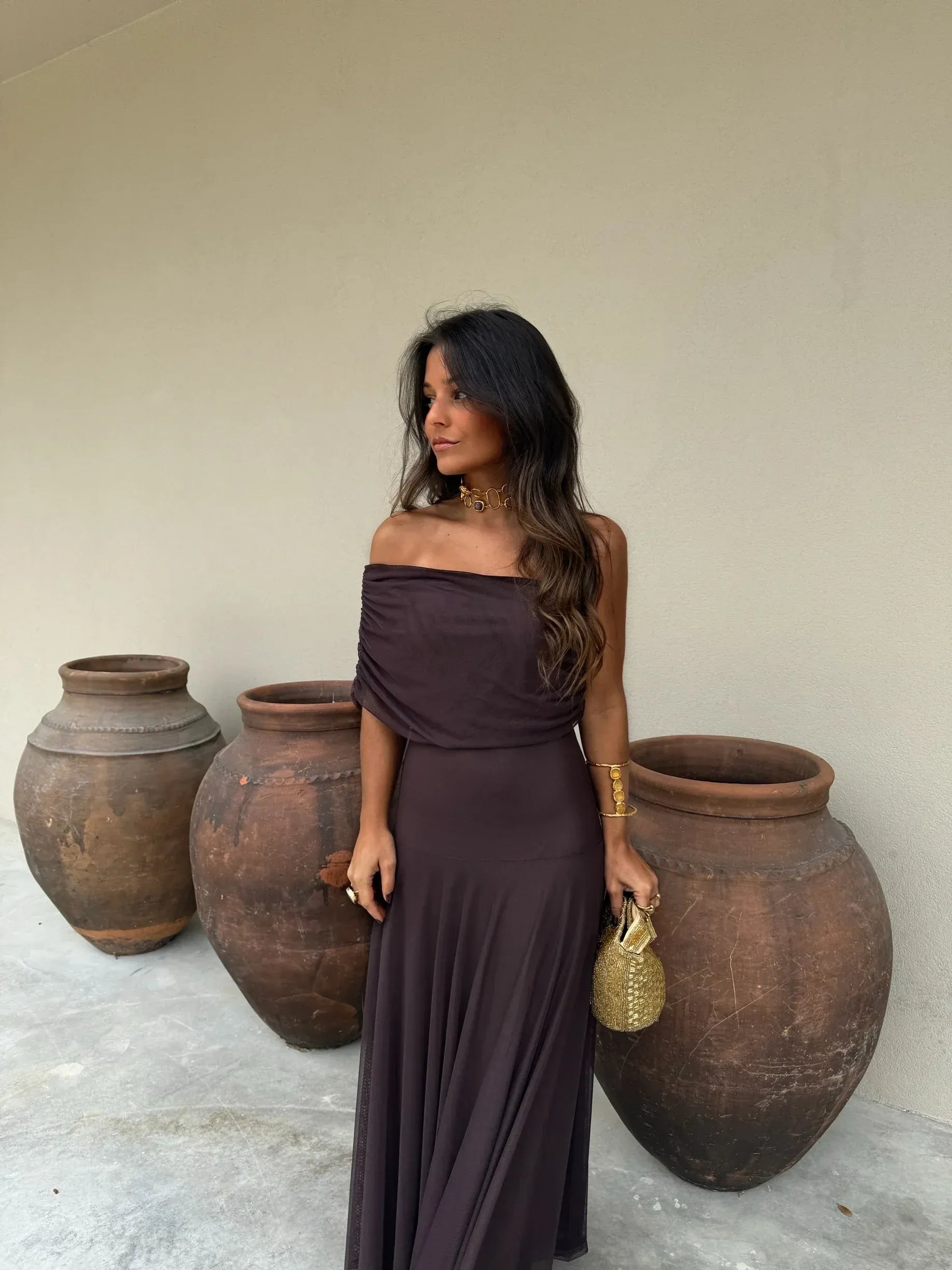 Elisa - Vestido Largo de Tül Marrón -50%
