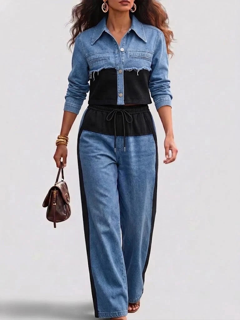 Ruth | Conjunto de chaqueta corta y pantalón de pierna ancha con bloques de color
