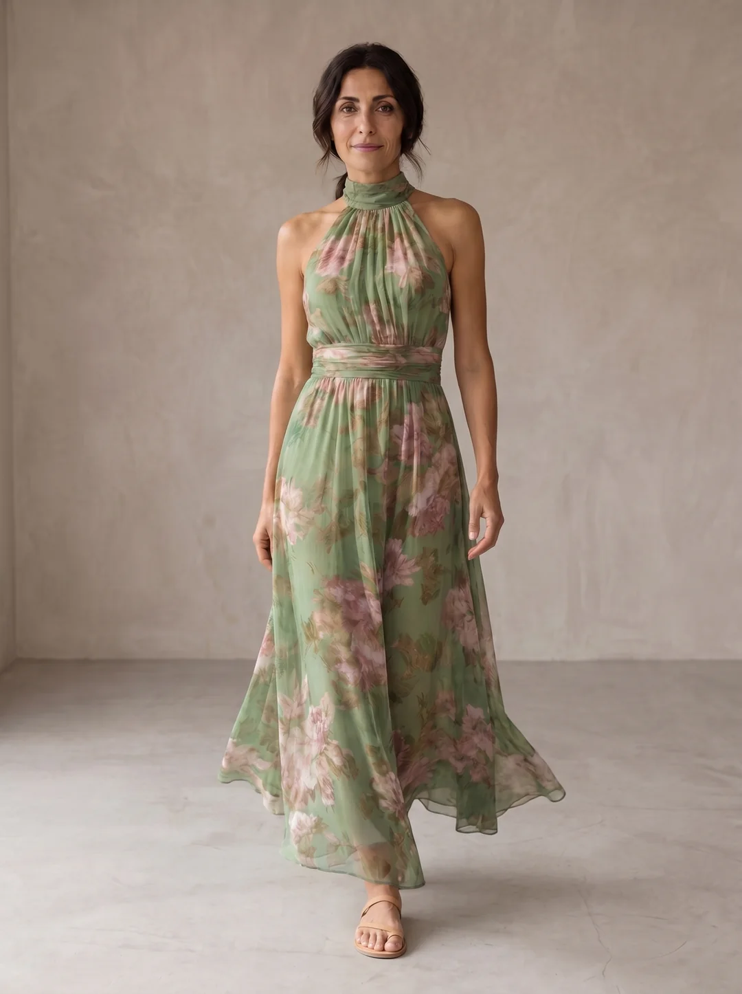 Lidia | Elegante vestido largo halter con estampado floral