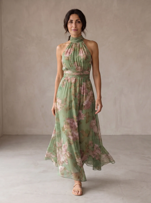 Lidia | Elegante vestido largo halter con estampado floral