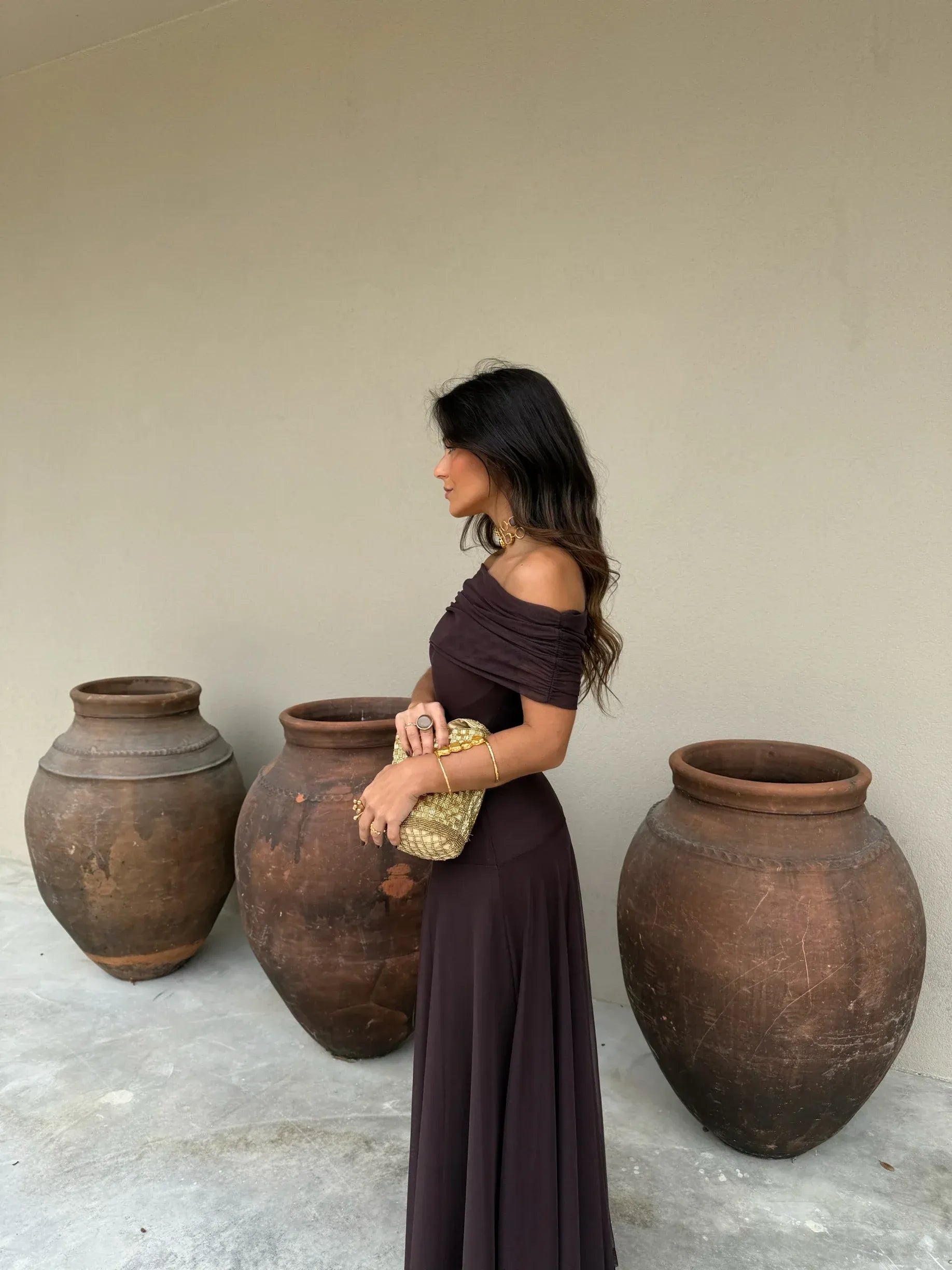 Elisa - Vestido Largo de Tül Marrón -50%