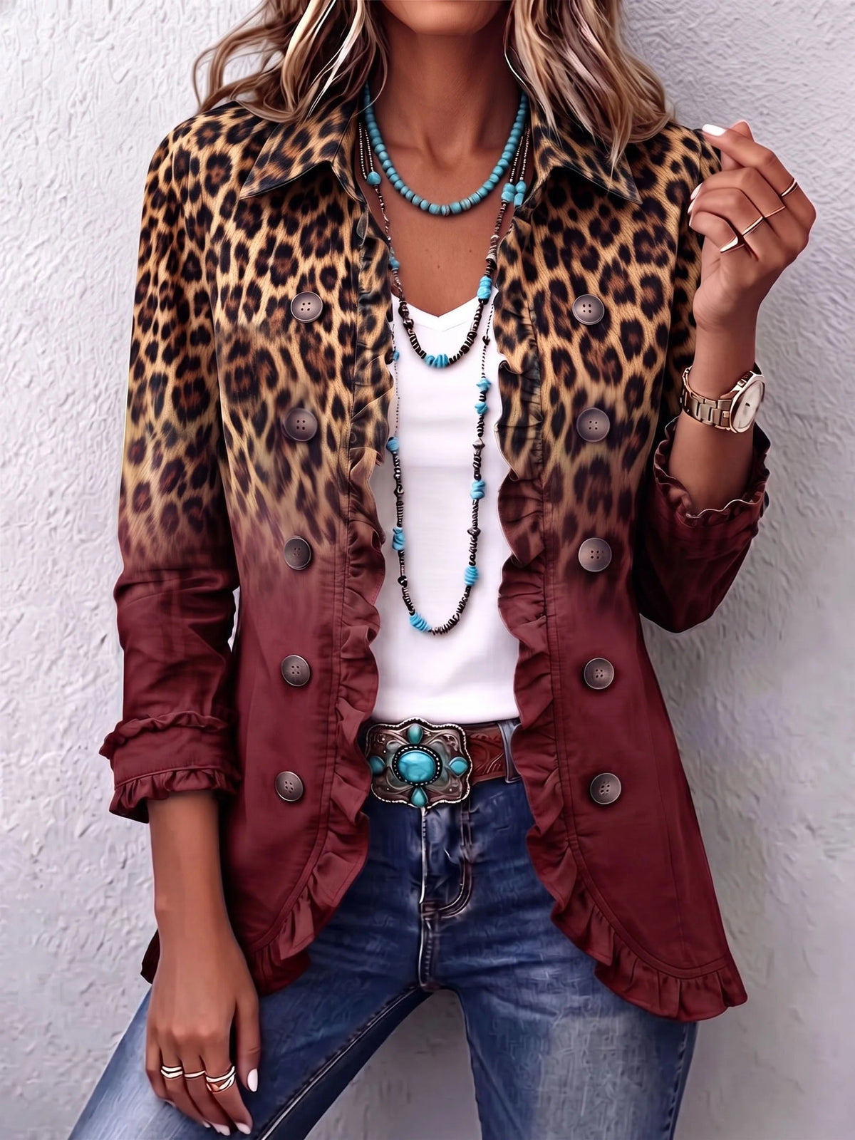 Elizabeth | Chaqueta tipo blazer con volantes y efecto degradado de leopardo