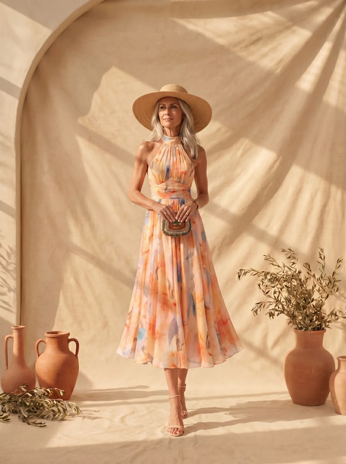 Aurora | Vestido con escote halter y estampado de acuarela