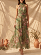 Lidia | Elegante vestido largo halter con estampado floral