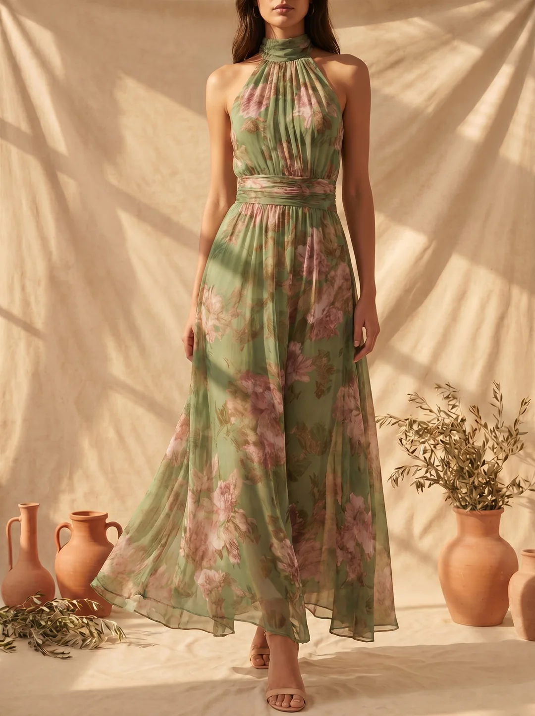 Lidia | Elegante vestido largo halter con estampado floral
