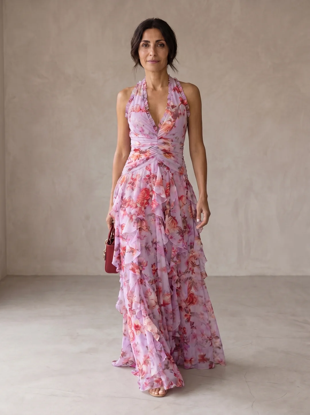 Belén | Vestido largo romántico con escote halter y cascada de rosas
