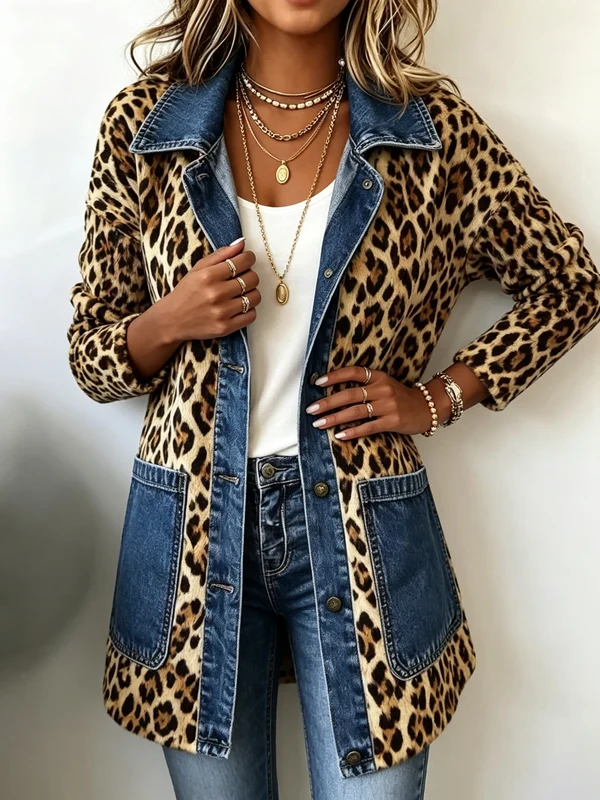 Fabiana | Chaqueta larga vaquera con paneles de contraste y estampado de leopardo