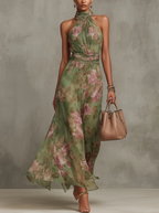 Lidia | Elegante vestido largo halter con estampado floral