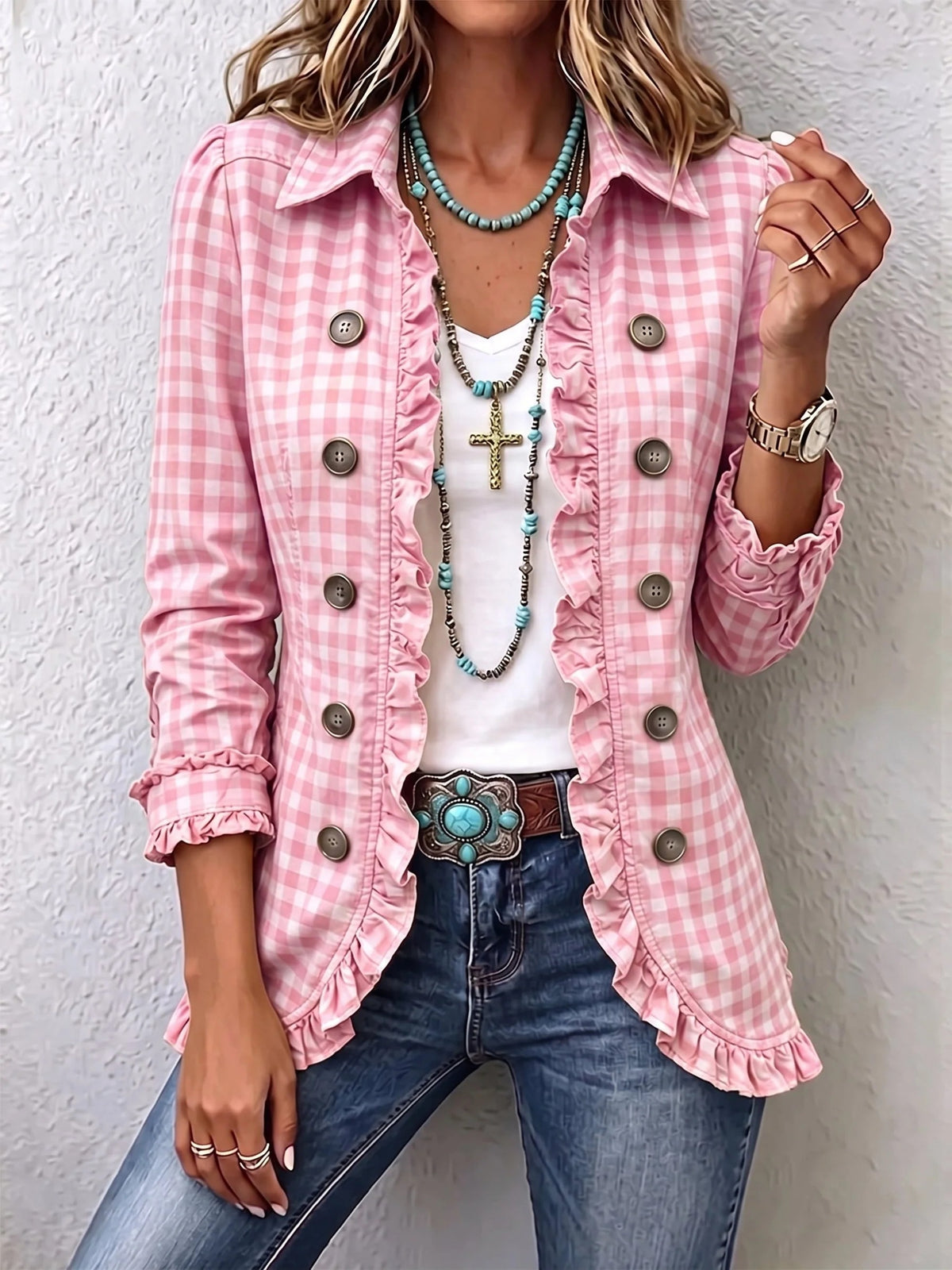 Carla | Chaqueta abotonada con volantes y estampado de cuadros vichy