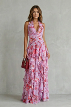 Belén | Vestido largo romántico con escote halter y cascada de rosas