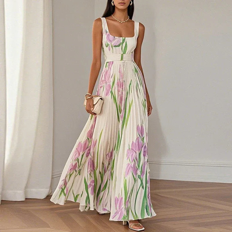 Blanca | Vestido largo de corte A con estampado floral