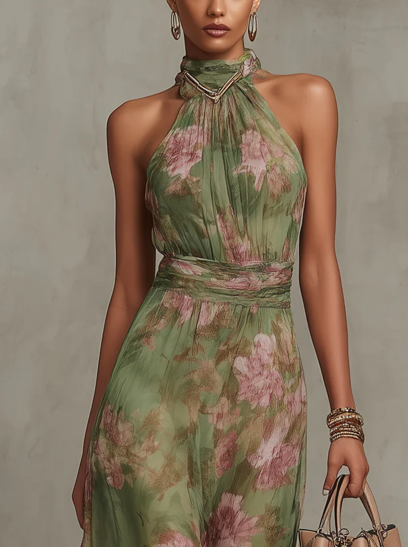 Lidia | Elegante vestido largo halter con estampado floral
