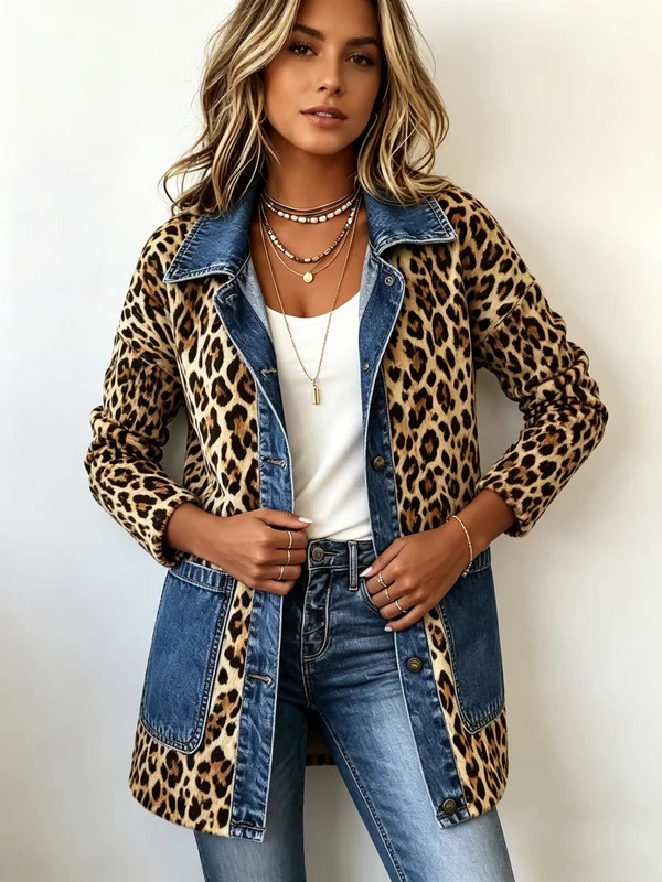 Fabiana | Chaqueta larga vaquera con paneles de contraste y estampado de leopardo
