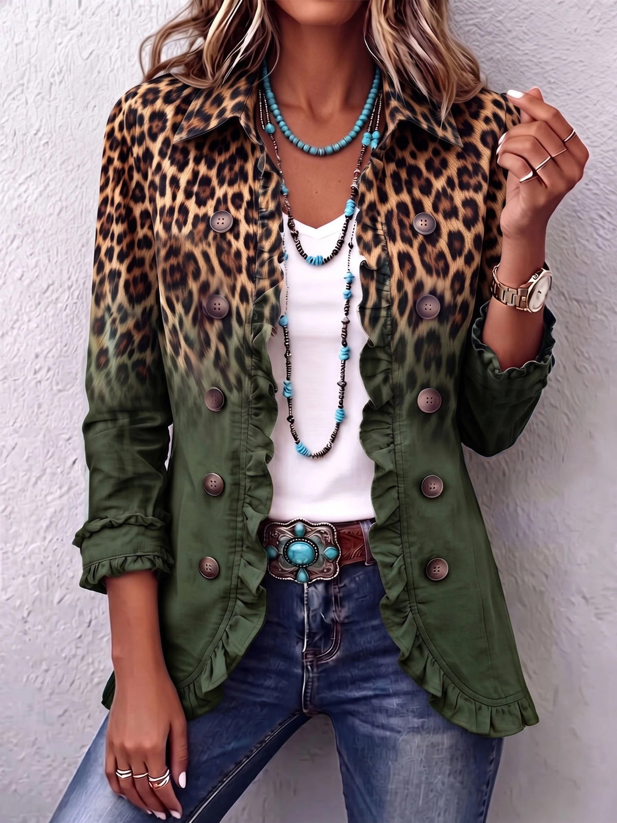 Elizabeth | Chaqueta tipo blazer con volantes y efecto degradado de leopardo